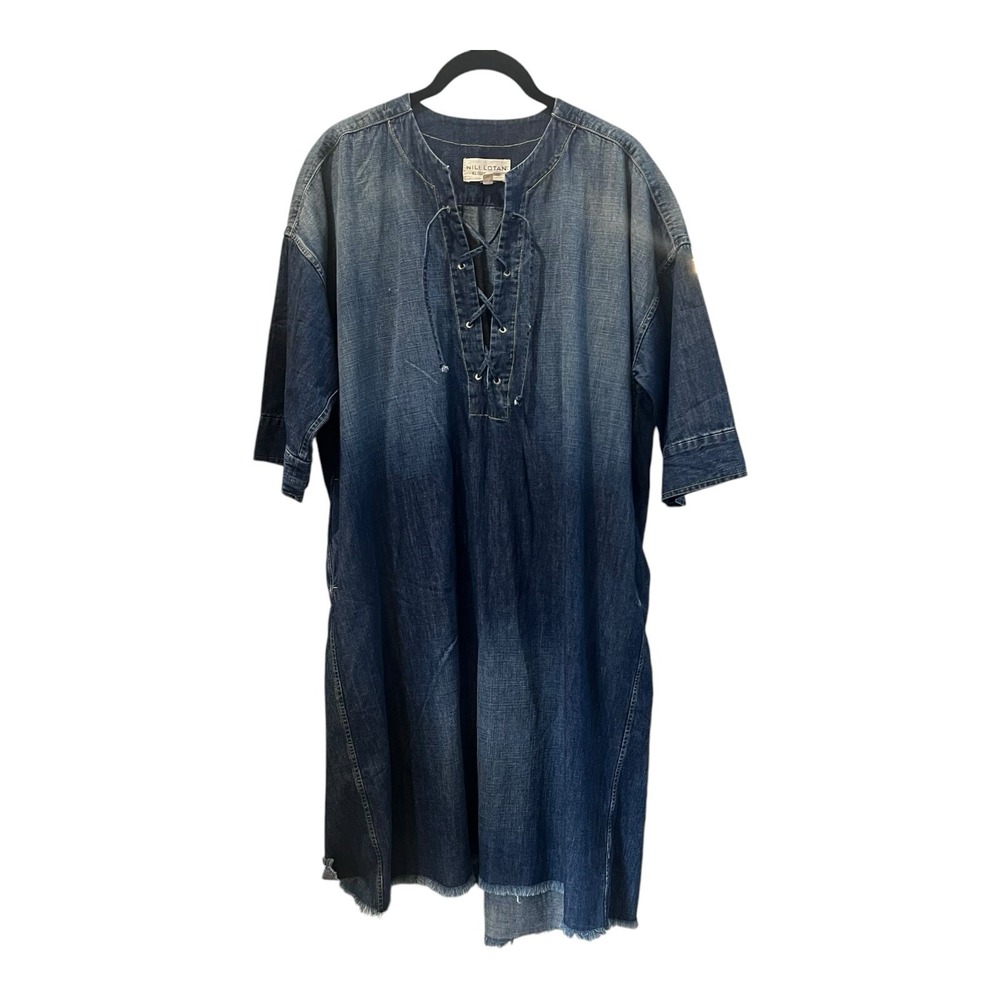 Nili Lotan Lace-Up V-Neck‎ Denim Chambray Shift Dress Blue M